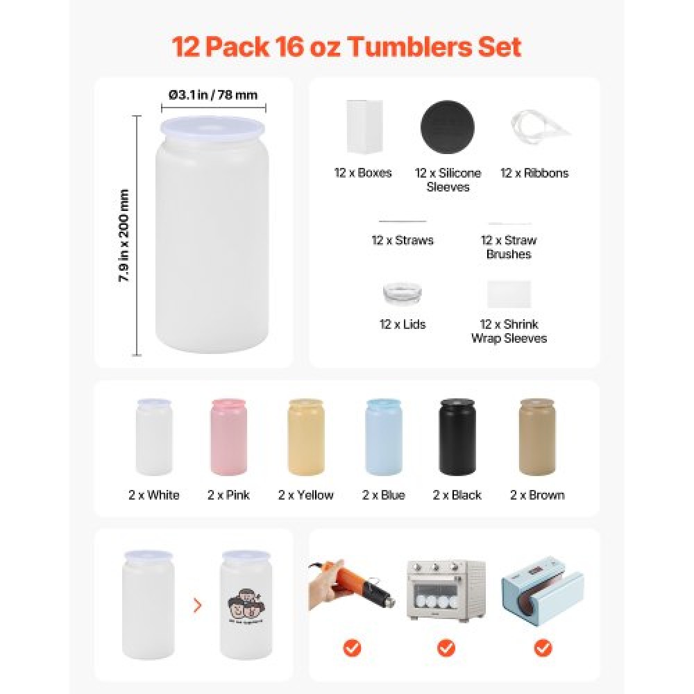 VEVOR Sublimation Tumblers, 12 Pack, 473 mL Multicolored Tumblers Bulk, Stainless Steel Sublimation Cups with Lids and Straws, Double Wall Insulated Tumbler Blank, for DIY Personalized Customization
