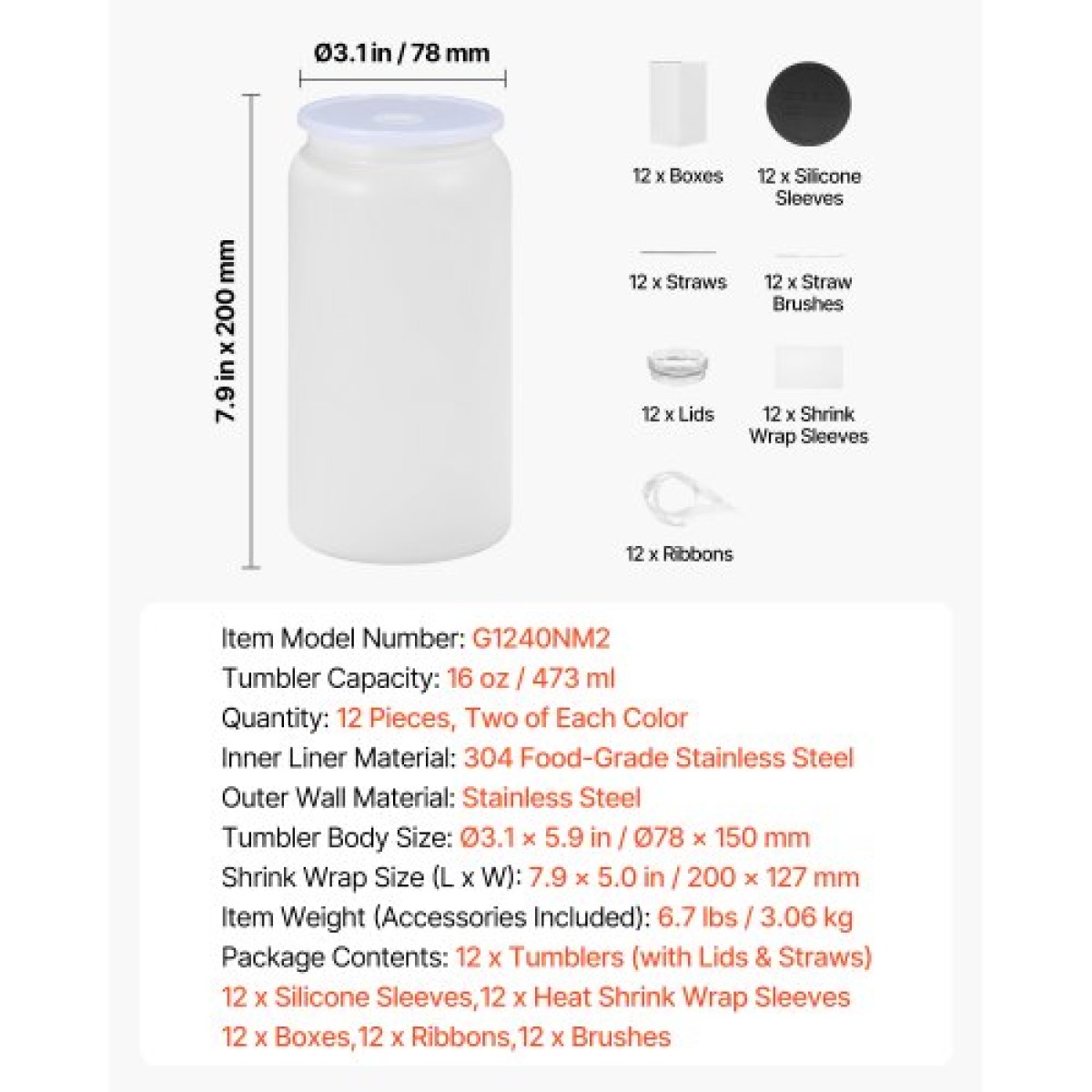 VEVOR Sublimation Tumblers, 12 Pack, 473 mL Πολύχρωμα ποτηράκια χύμα, από ανοξείδωτο χάλυβα κύπελλα εξάχνωσης με καπάκι και καλαμάκια, μονωμένο κενό ποτηριού διπλού τοιχώματος, για εξατομικευμένη προσαρμογή DIY