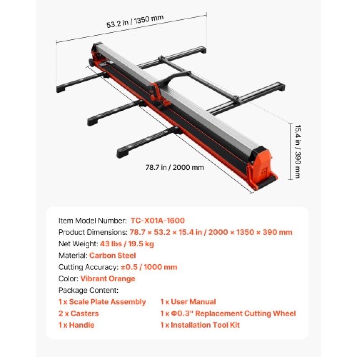 Χειροκίνητος κόφτης πλακιδίων VEVOR 1600 mm, αναβαθμισμένη ράγα και συρόμενη κεφαλή, Οδηγός ευθυγράμμισης ακριβείας, τροχός κοπής από καρβίδιο βολφραμίου, πόδια στήριξης με περιστρεφόμενους τροχούς, για επαγγελματίες DIY, κεραμικά, πλακάκια δαπέδου και το