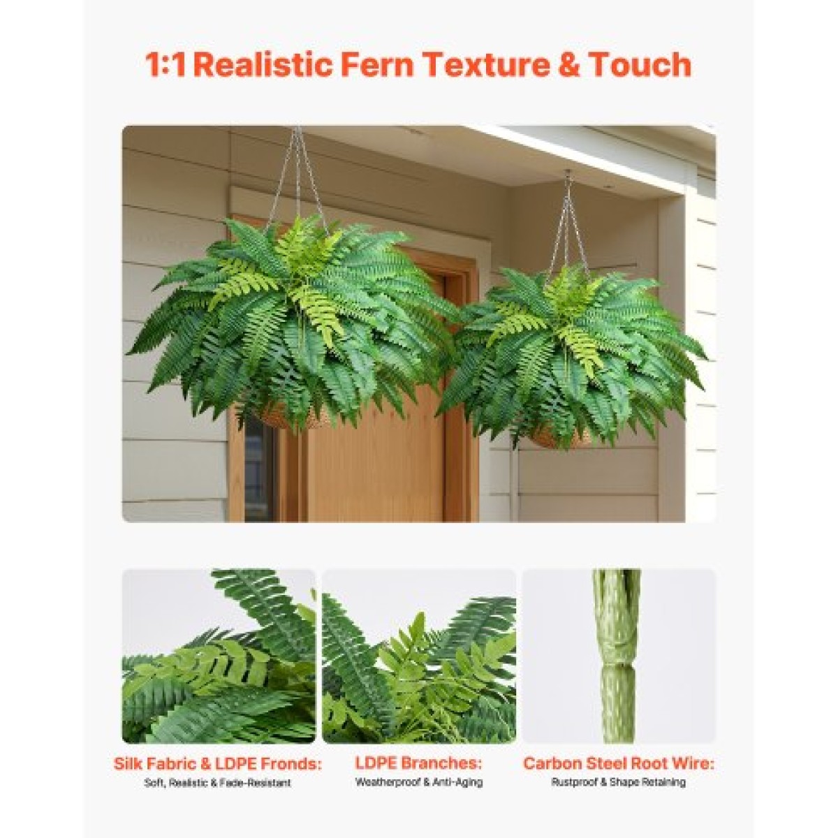 VEVOR Τεχνητές φτέρες, 1219 mm Fake Boston Fern Bush Plant with 67 Fronds, Faux Greenery για εσωτερική/εξωτερική διακόσμηση, μετάξι & LDPE, Κατάλληλο για φυτευτή σαλονιού γραφείου στον κήπο της βεράντας στο σπίτι, σετ 2
