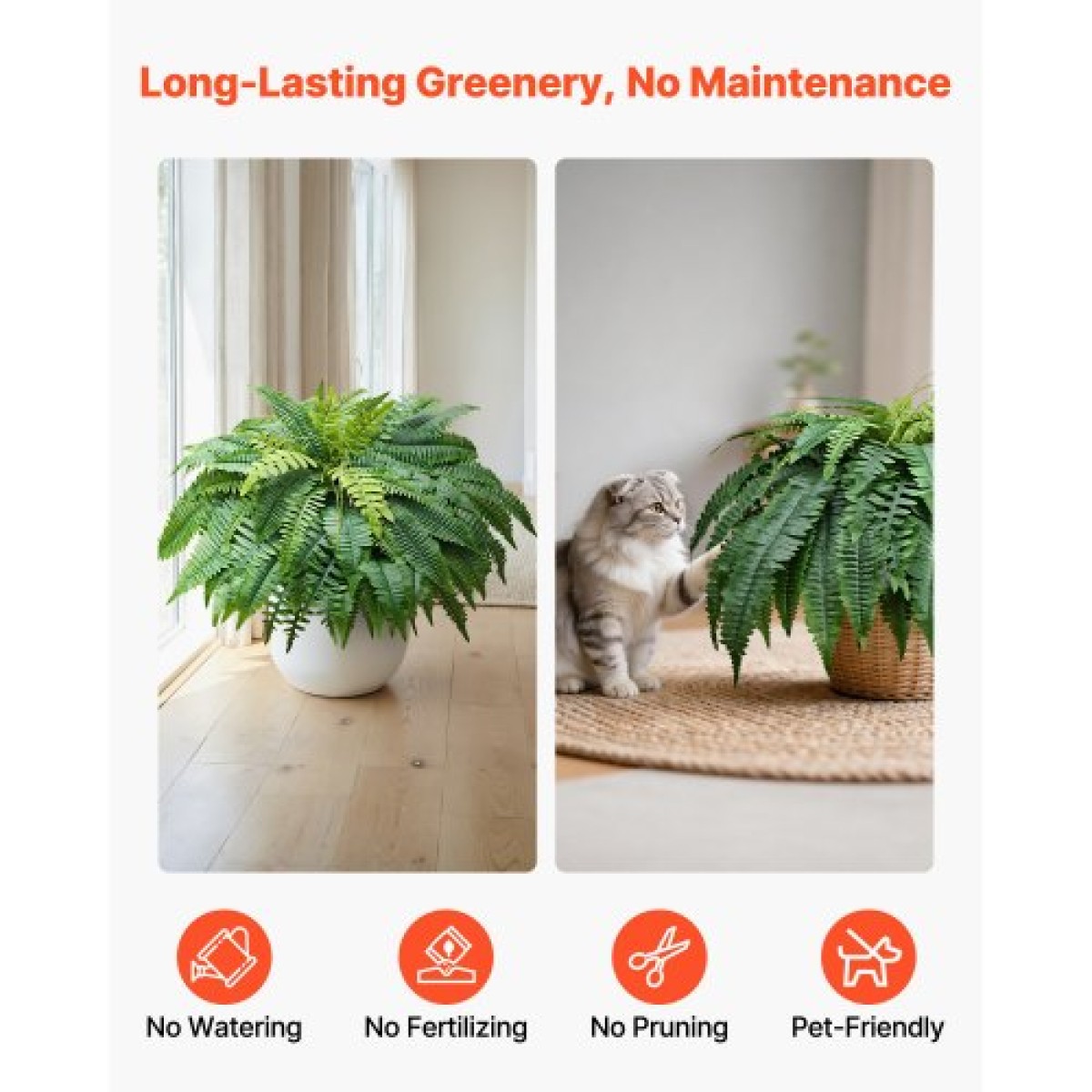 VEVOR Τεχνητές φτέρες, 1219 mm Fake Boston Fern Bush Plant with 67 Fronds, Faux Greenery για εσωτερική/εξωτερική διακόσμηση, μετάξι & LDPE, Κατάλληλο για φυτευτή σαλονιού γραφείου στον κήπο της βεράντας στο σπίτι, σετ 2