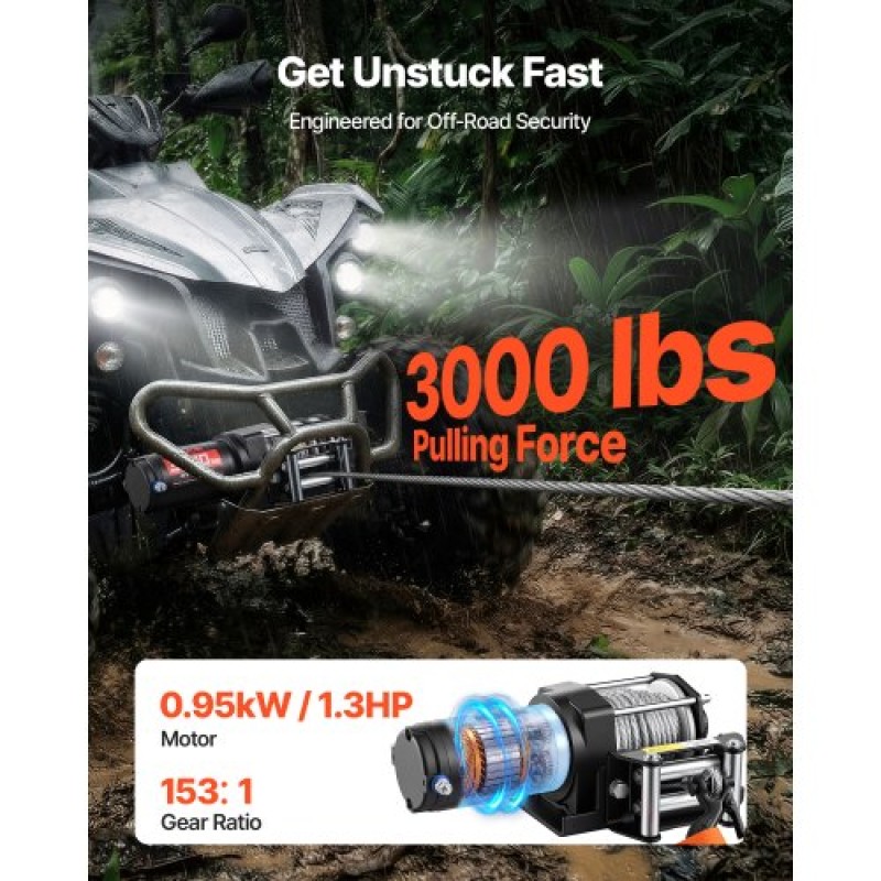 VEVOR 1360 kg Ηλεκτρικό βαρούλκο, βαρούλκο 12V DC ATV/UTV με Φ5 mm x 12 m ατσάλινο συρματόσχοινο & ενσύρματο τηλεχειριστήριο, IP55 αδιάβροχο, Πλάκα στήριξης Fairlead περίβλημα αλουμινίου για ρυμούλκηση ATV, μαύρο