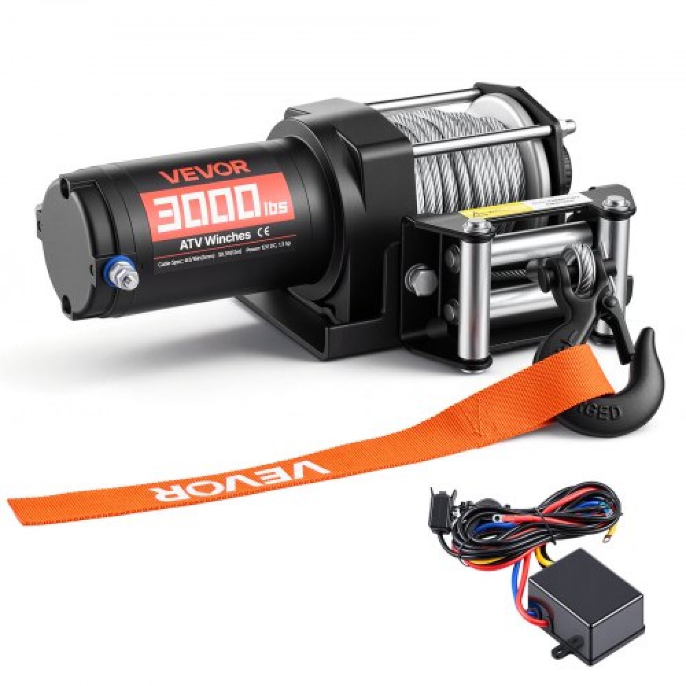 VEVOR 1360 kg Ηλεκτρικό βαρούλκο, βαρούλκο 12V DC ATV/UTV με Φ5 mm x 12 m ατσάλινο συρματόσχοινο & ενσύρματο τηλεχειριστήριο, IP55 αδιάβροχο, Πλάκα στήριξης Fairlead περίβλημα αλουμινίου για ρυμούλκηση ATV, μαύρο