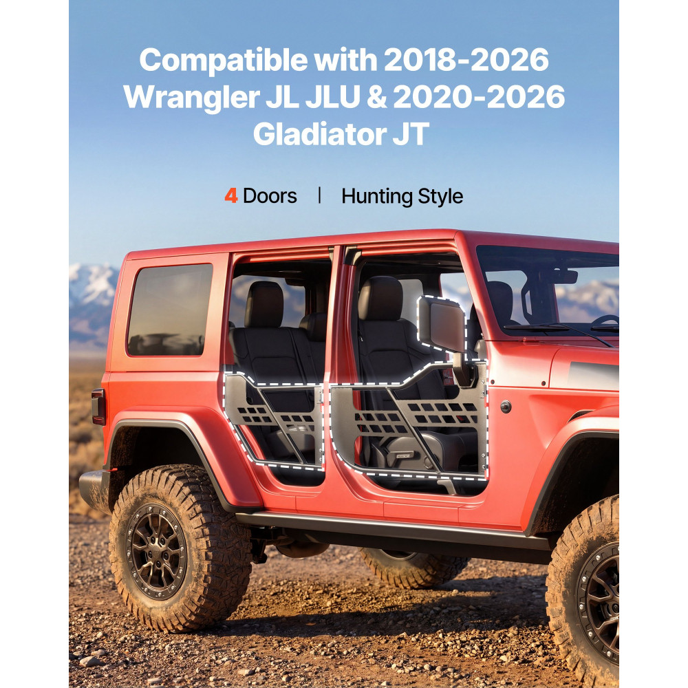 VEVOR Jeep Tube Doors, 4 Door, Συμβατές με 2018-2026 Wrangler JL JLU & 2020-2026 Gladiator JT, Steel Off Road Tubular Half Doors με πιστοποίηση DOT πλευρικής όψης και λαστιχένια μαξιλαράκια