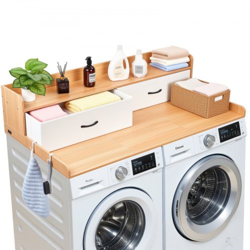 VEVOR Washer Dryer Countertop with Shelf, 137x69.9cm Wooden Washer and Dryer Topper with 2 Drawers & 2 Hooks, Laundry Machine Topper for Laundry Closet Pantry Counter Organization & Storage, Burlywood
