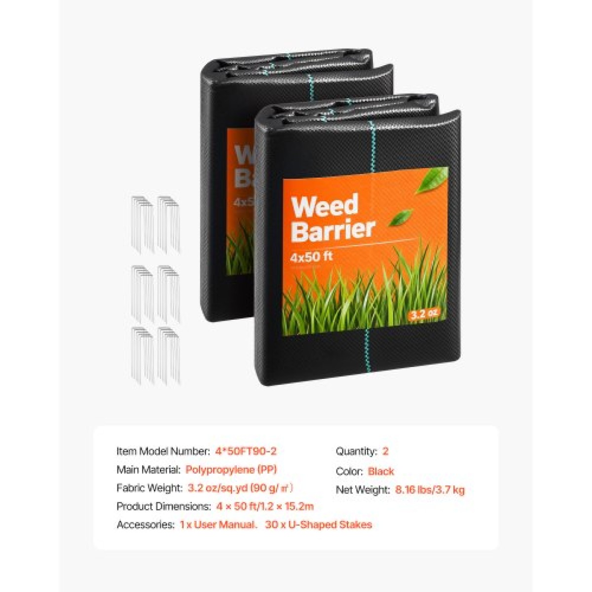 VEVOR Weed Barrier Fabric Heavy Duty, 2 Packs 1,2x15,2m 90,7g Weed Blocker Fabric, Woven Landscape Fabric, Garden Fabrics Weeds Barrier, Weeds Control Ground Cover, Geotextile Webbing, Black