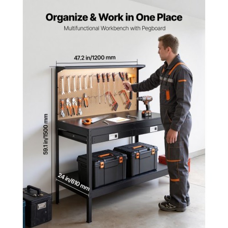 VEVOR Hardwood Workbench, 110 kg Weight Capacity, 1200 mm Heavy Duty Workbench with Pegboard, 4 AC Outlets & 2 USB Ports, 1.5 m Cable & 30 Hooks, Garage Work Bench with Drawer for Workshop