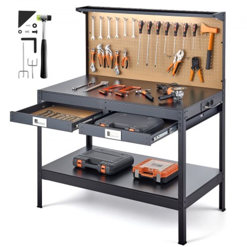 VEVOR Hardwood Workbench, 110 kg Weight Capacity, 1200 mm Heavy Duty Workbench with Pegboard, 4 AC Outlets & 2 USB Ports, 1.5 m Cable & 30 Hooks, Garage Work Bench with Drawer for Workshop