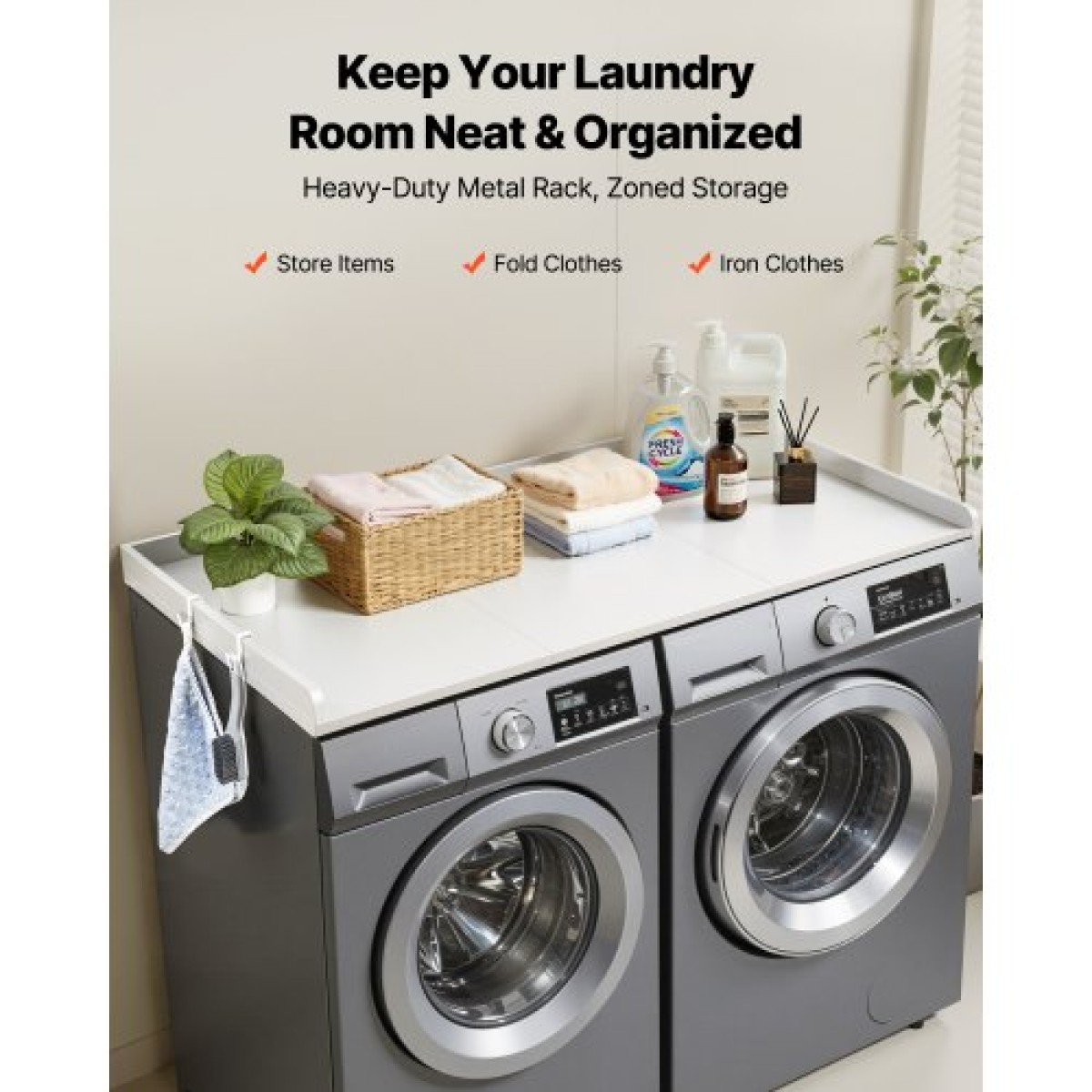 Πάγκος VEVOR Washer Dryer, 137 x 69,9 cm, Ξύλινος κάλυμμα πλυντηρίου και στεγνωτηρίου με άκρα και γάντζοι, αδιάβροχο επάνω μέρος πλυντηρίου ρούχων για ντουλάπα ρούχων Οργάνωση και αποθήκευση πάγκου, λευκό
