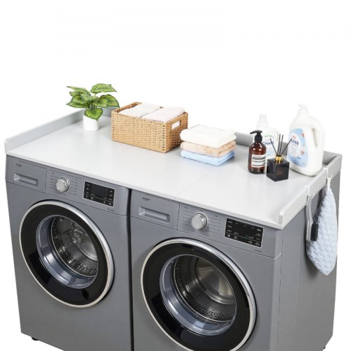 Πάγκος VEVOR Washer Dryer, 137 x 69,9 cm, Ξύλινος κάλυμμα πλυντηρίου και στεγνωτηρίου με άκρα και γάντζοι, αδιάβροχο επάνω μέρος πλυντηρίου ρούχων για ντουλάπα ρούχων Οργάνωση και αποθήκευση πάγκου, λευκό