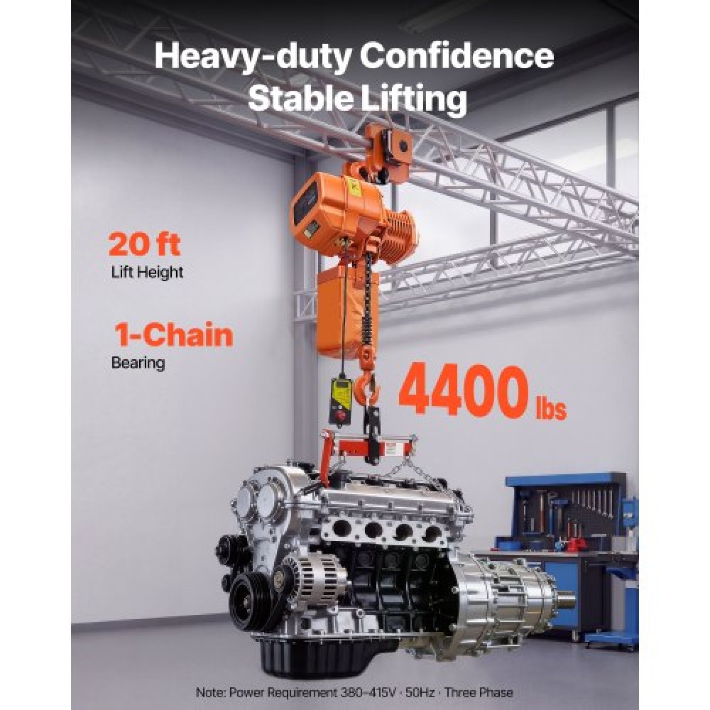 Ηλεκτρικός ανυψωτήρας αλυσίδας VEVOR 2000 kg, Ύψος ανύψωσης 6 m, Τριφασικός γερανός με ασύρματο τηλεχειριστήριο 100 m, Ηλεκτρικός ανυψωτήρας μονής αλυσίδας G100 για εργοστάσια, αποθήκες, γκαράζ