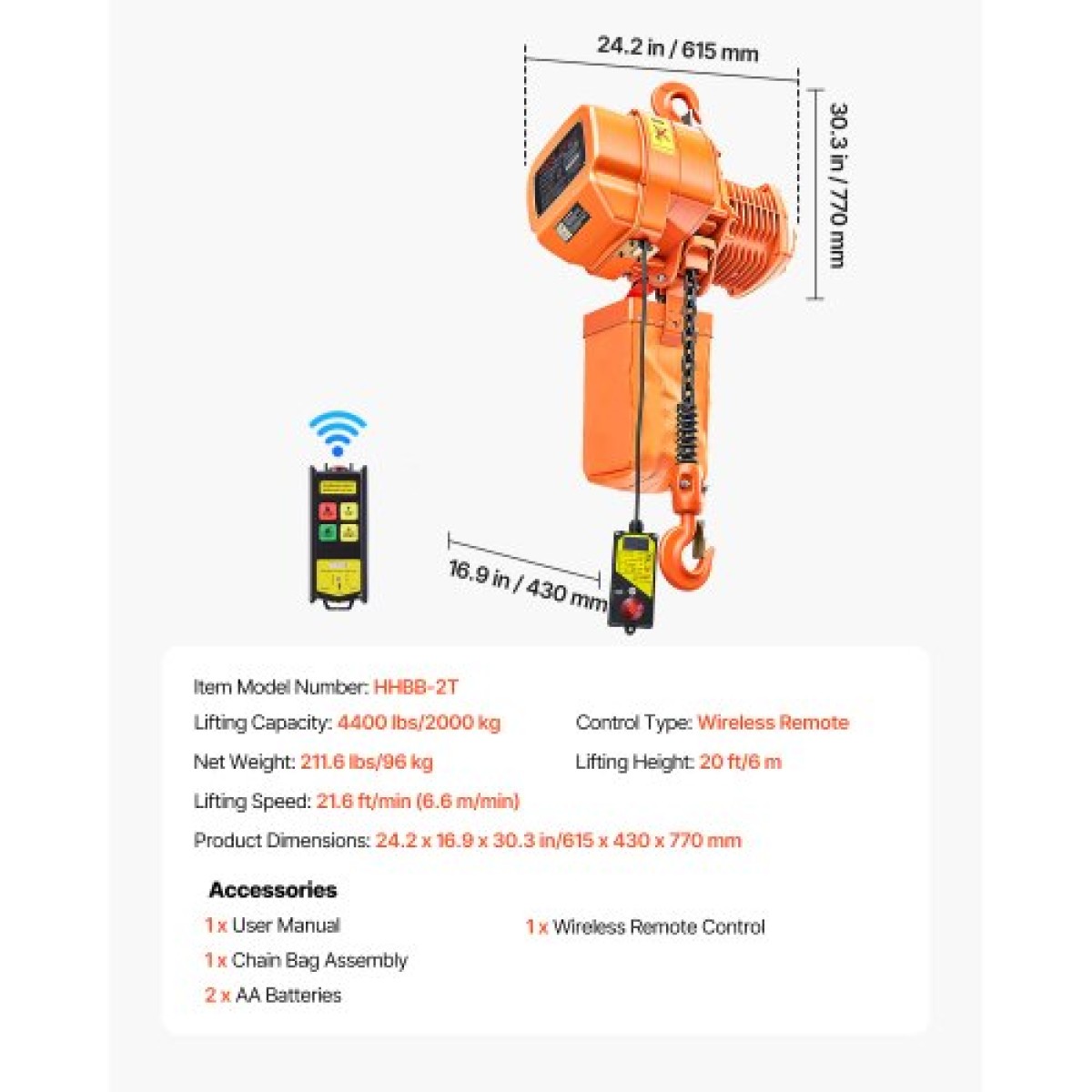 Ηλεκτρικός ανυψωτήρας αλυσίδας VEVOR 2000 kg, Ύψος ανύψωσης 6 m, Τριφασικός γερανός με ασύρματο τηλεχειριστήριο 100 m, Ηλεκτρικός ανυψωτήρας μονής αλυσίδας G100 για εργοστάσια, αποθήκες, γκαράζ