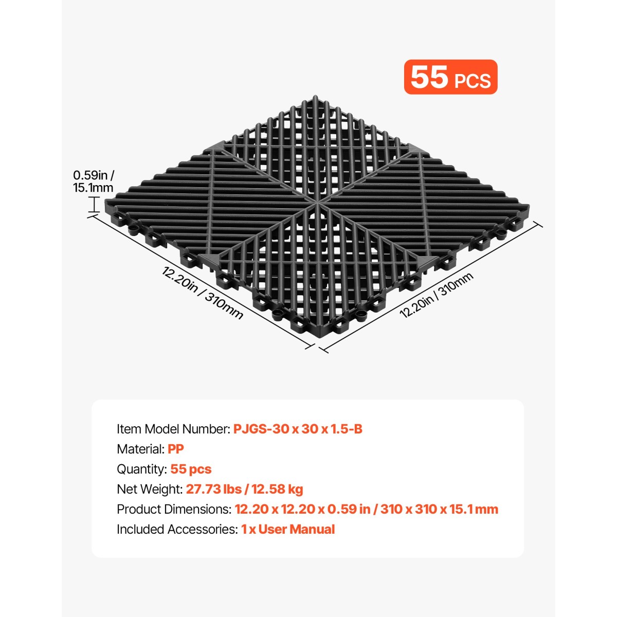 VEVOR Interlocking Drinage Mats, 310 x 310 mm, Αρθρωτά πλακάκια δαπέδου γκαράζ, αντιολισθητικά πλακάκια δαπέδου αποστράγγισης PP, αυτοστραγγιζόμενα, εύκολη τοποθέτηση, για μπάνιο, κουζίνα, πισίνα & εξωτερικό, μαύρο, 55 πακέτο