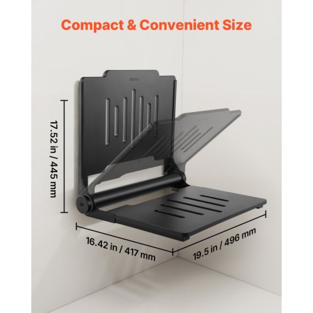 VEVOR Foldable Shower Seat Wall Mounted, 452mm Folding Shower Bench with Supportive Backrest, Plastic Fold-Down Bathroom Corridor Seat with Stainless Steel Frame for Adults Seniors, 180kg Loading