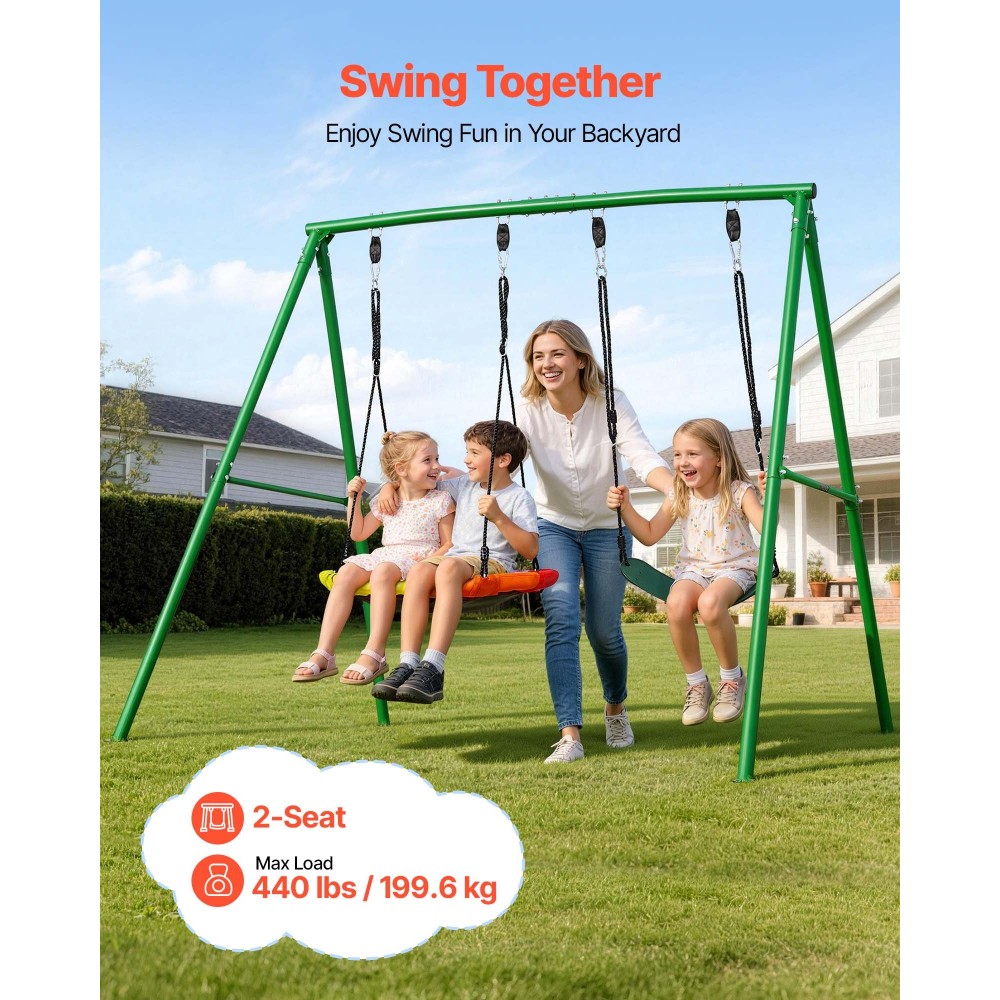 VEVOR Swing Set για Backyard, 80 cm Saucer Swing Seat and Belt Seat, with Heavy Duty A-Frame Metal Stand, 199,6 kg χωρητικότητα φόρτωσης, Ενισχυμένο με σπειροειδείς άγκυρες εδάφους, Swingset Outdoor για παιδιά