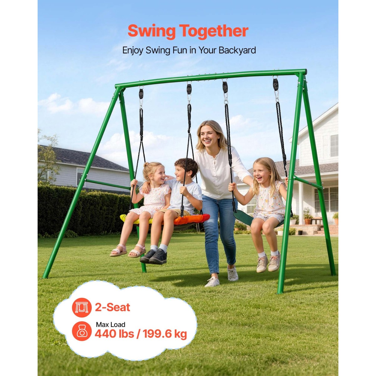 VEVOR Swing Set για Backyard, 80 cm Saucer Swing Seat and Belt Seat, with Heavy Duty A-Frame Metal Stand, 199,6 kg χωρητικότητα φόρτωσης, Ενισχυμένο με σπειροειδείς άγκυρες εδάφους, Swingset Outdoor για παιδιά