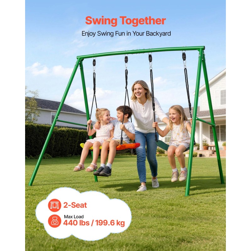 VEVOR Swing Set για Backyard, 80 cm Saucer Swing Seat and Belt Seat, with Heavy Duty A-Frame Metal Stand, 199,6 kg χωρητικότητα φόρτωσης, Ενισχυμένο με σπειροειδείς άγκυρες εδάφους, Swingset Outdoor για παιδιά