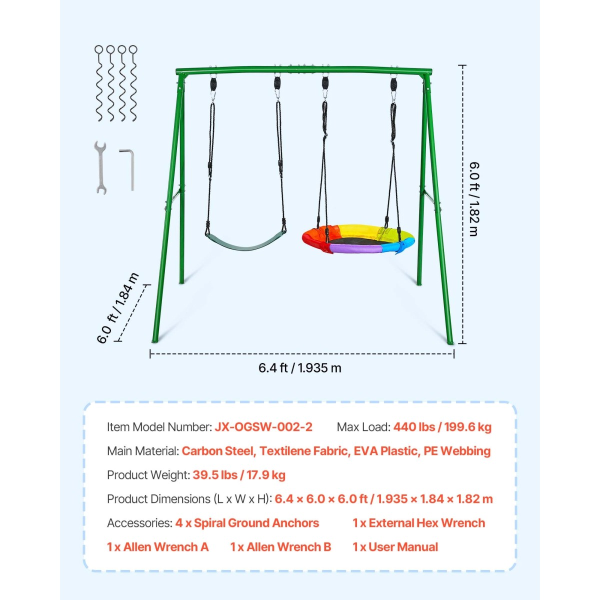 VEVOR Swing Set για Backyard, 80 cm Saucer Swing Seat and Belt Seat, with Heavy Duty A-Frame Metal Stand, 199,6 kg χωρητικότητα φόρτωσης, Ενισχυμένο με σπειροειδείς άγκυρες εδάφους, Swingset Outdoor για παιδιά