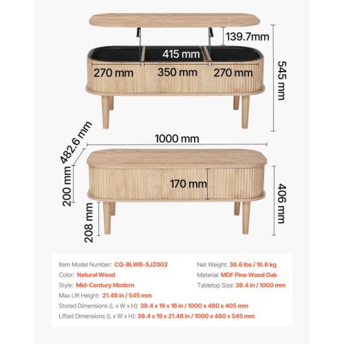 Τραπεζάκι σαλονιού VEVOR 1000 mm Lift Top, Οβάλ Τραπεζάκι σαλονιού με αυλακωτό οβάλ με 3 κρυφές θήκες, Mid Century Ξύλινο Oval Center Desk με αποθηκευτικό χώρο, Επιτραπέζια ανύψωση για το σπίτι και το γραφείο, Εύκολη συναρμολόγηση, Burlywood