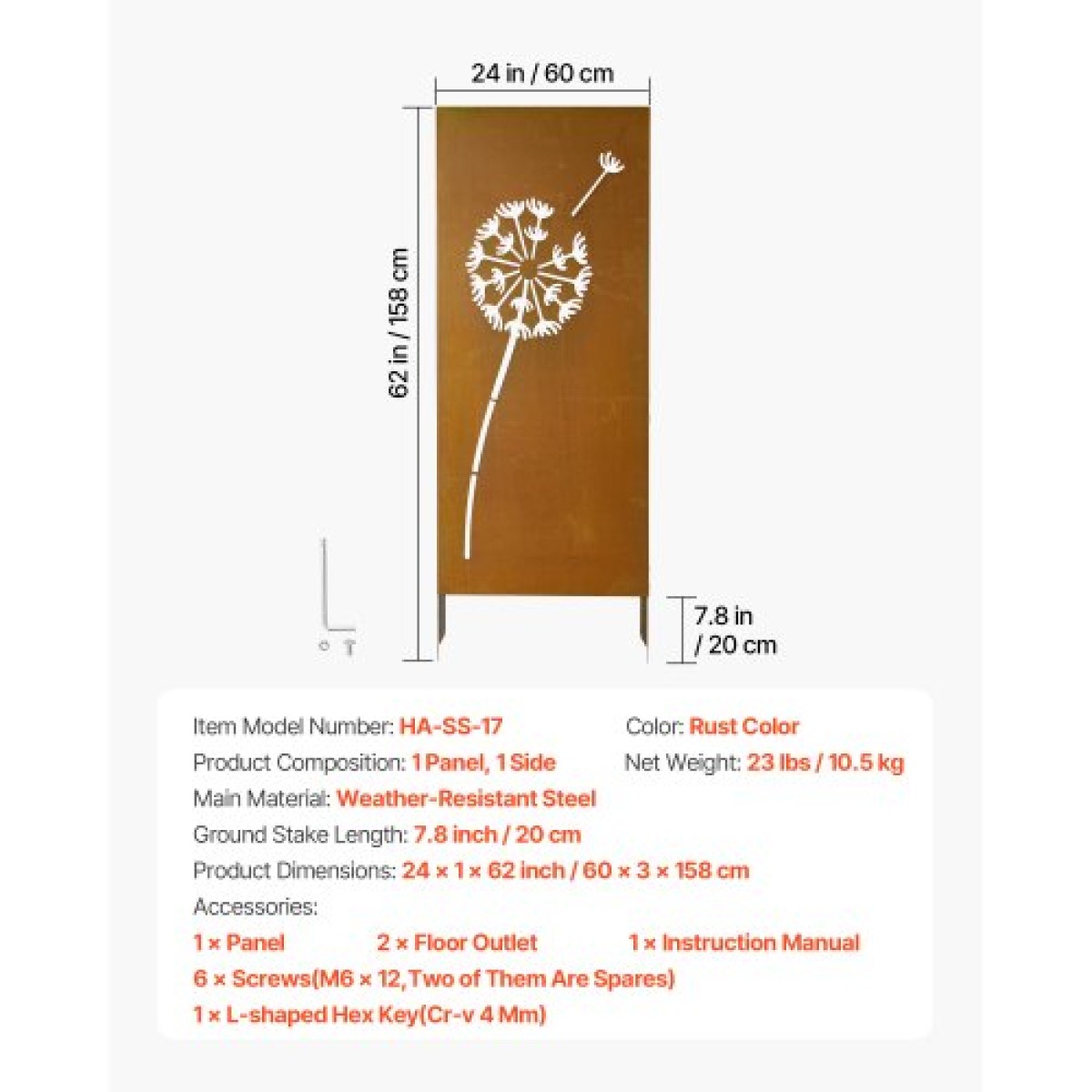 VEVOR Metal Privacy Screen, 61 x 160 cm Ανεξάρτητος Μοντέρνος φράχτης Privacy, Πάνελ διαχωρισμού κήπου με εκτεταμένους πάσσαλους εδάφους & χαλύβδινη πλάκα, ανεξάρτητο εξωτερικό διαχωριστικό για κήπο, αυλή, τοίχο