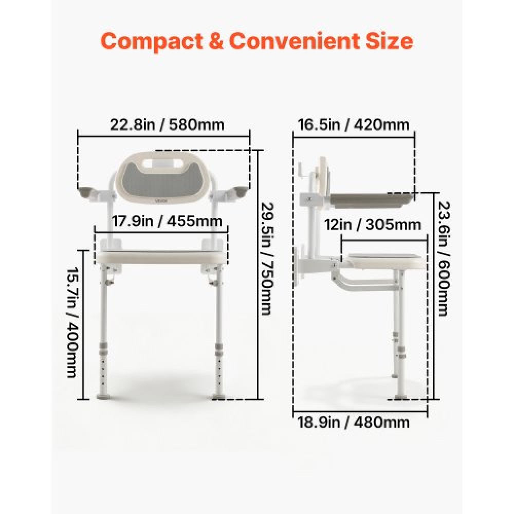 VEVOR Foldable Shower Chair Wall Mounted, 457mm Folding Shower Seat with Backrest, Armrest & Adjustable Legs, HDPE Fold-Down Bathroom Chair Stainless Steel Frame for Adults Seniors, 150kg Loading