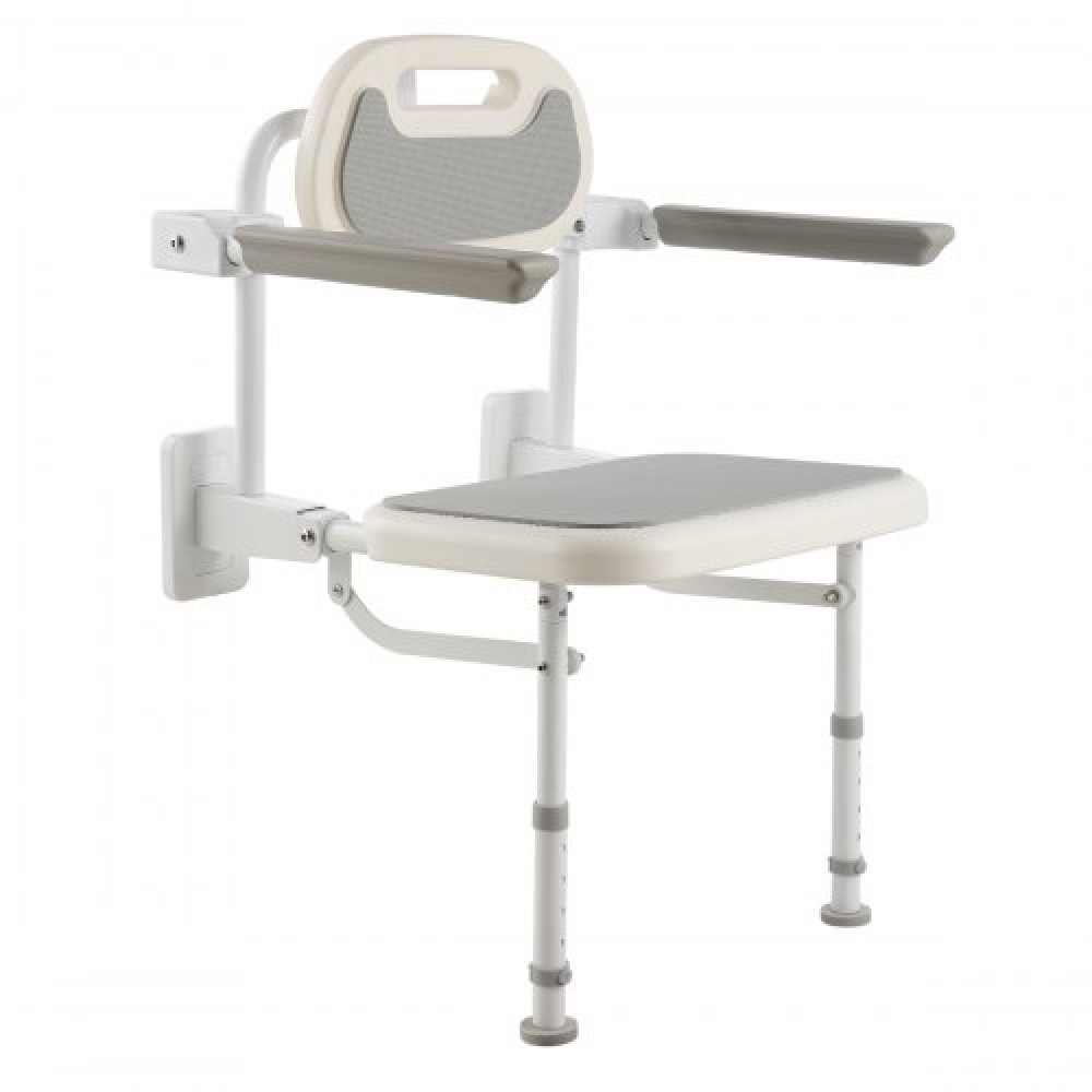 VEVOR Foldable Shower Chair Wall Mounted, 457mm Folding Shower Seat with Backrest, Armrest & Adjustable Legs, HDPE Fold-Down Bathroom Chair Stainless Steel Frame for Adults Seniors, 150kg Loading