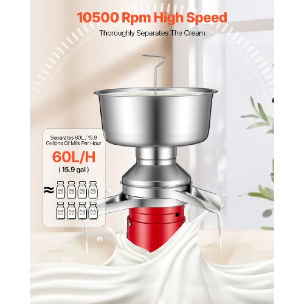 VEVOR Electric Milk Cream Separator, 60L/H Output 10500RPM Milk Cream Crifugal Separator, 304 Ανοξείδωτο Ατσάλι Γίδινο Αγελαδινό Γάλα Διαχωριστική Μηχανή με Χωρητικότητα μπολ 4,5L (40W, 100-240V)