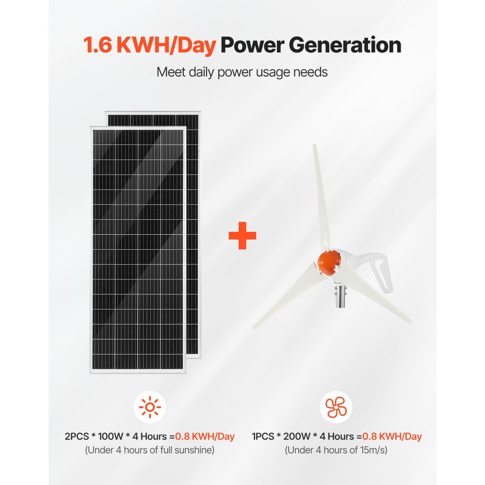 VEVOR 12V 400W Solar Wind Power Kit, 2PCS 100W Monocrystalline Solar Panels + 200W Wind Turbine + MPPT Wind/Solar Hybrid System Controller for Home RV Boat Camping Off-Grid