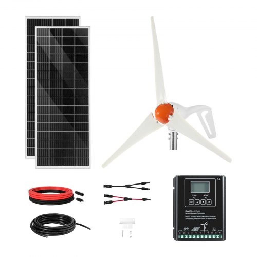 VEVOR 12V 400W Solar Wind Power Kit, 2PCS 100W Monocrystalline Solar Panels + 200W Wind Turbine + MPPT Wind/Solar Hybrid System Controller for Home RV Boat Camping Off-Grid