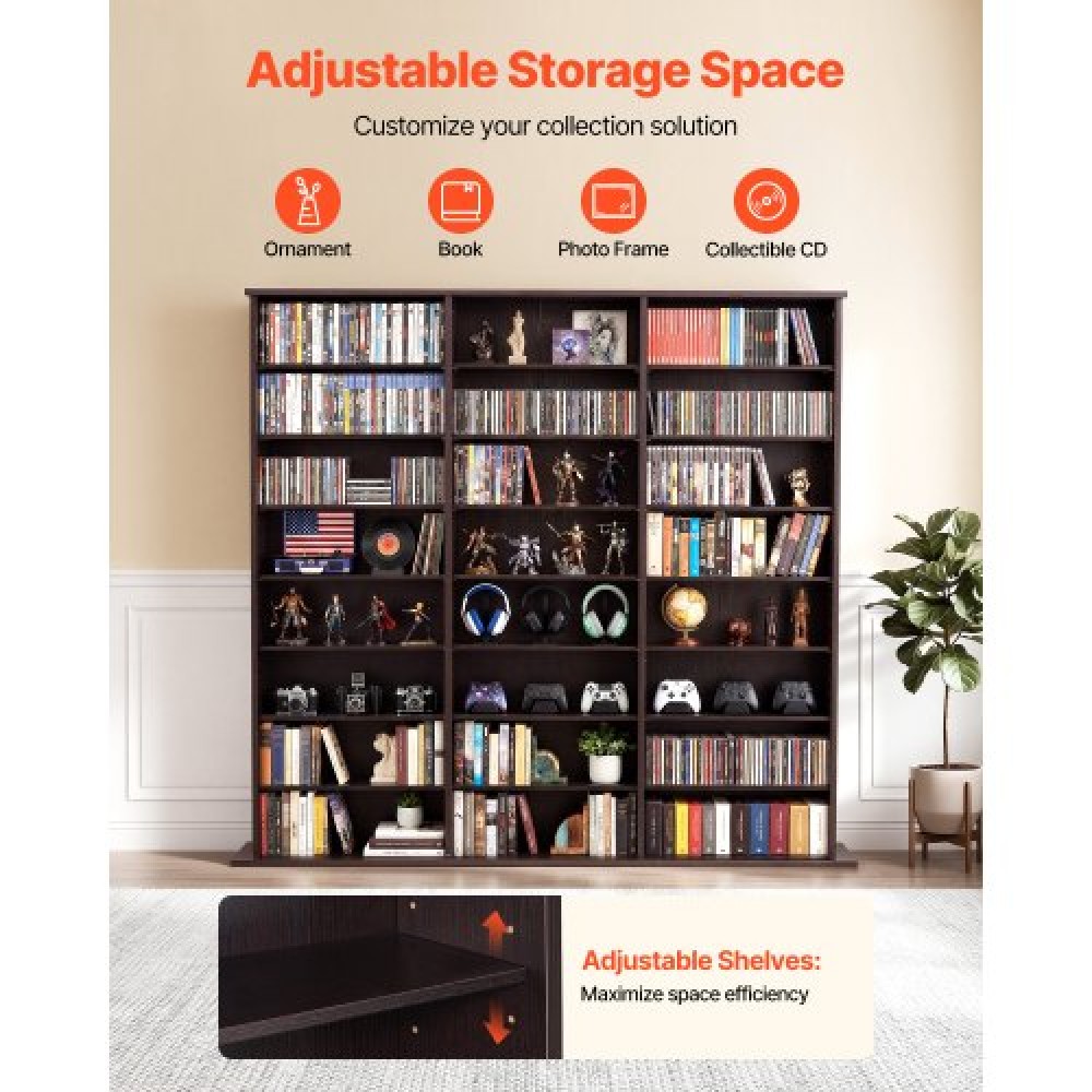 VEVOR Media Storage Cabinet, 8-Tier DVD Shelf Organizer, 142 x 22 x 130 cm Multimedia Storage Organizer for CDs, DVDs, Books & Games, CD Shelf for Living Room, Home Office, Recording Room, Brown