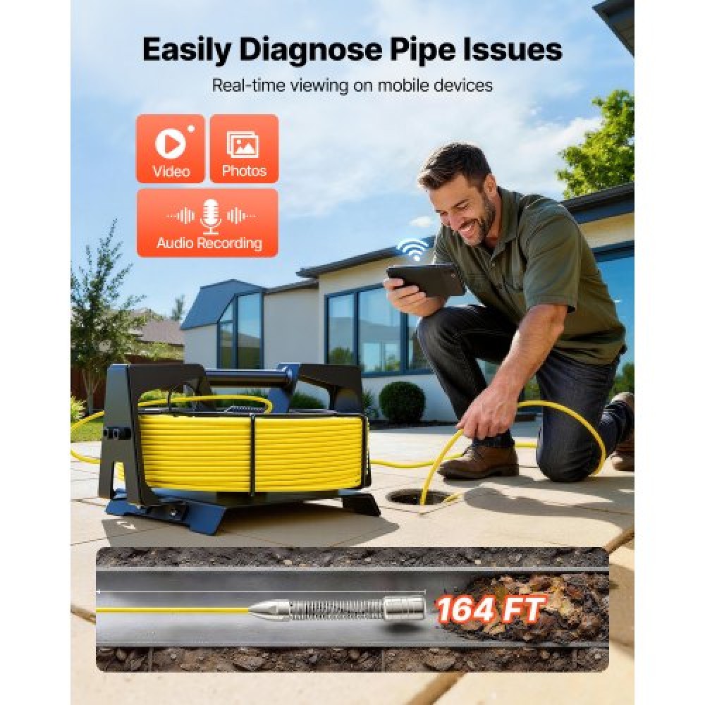 Αναβαθμισμένη κάμερα αποχέτευσης VEVOR 2026 με WiFi, κάμερα αγωγού αποχέτευσης 50 μέτρων, κάμερες υδραυλικών εγκαταστάσεων IP68 με φως - 12 LED, ασύρματη σύνδεση WiFi σε τηλέφωνο/tablet για επιθεώρηση αγωγών αποχέτευσης