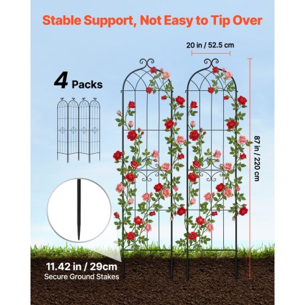 VEVOR Garden Trellis, 220 x 52.5 cm Rose Trellis, 4 Packs Garden Flower Rose Trellises with Powder-Coated Finish & Convenient Locking Design, Plant Support Trellises for Flowers, Vegetables, Roses