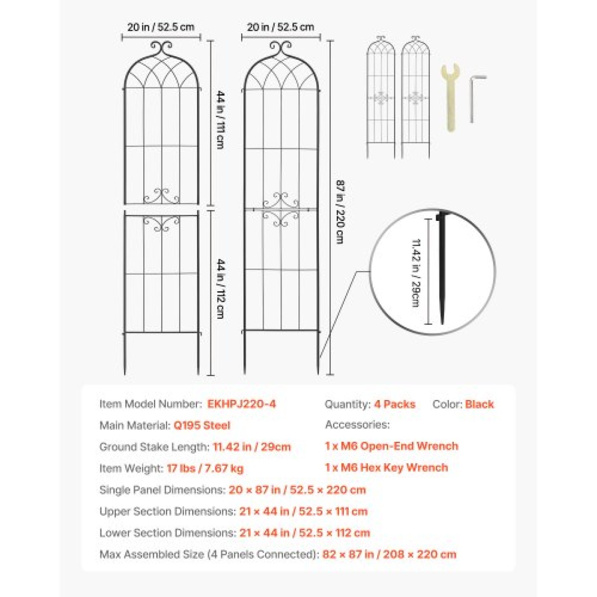 VEVOR Garden Trellis, 220 x 52,5 cm Rose Trellis, 4 Packs Garden Flower Rose Trellies with Powder-coated Finish & Convenient Locking Design, Plant Support Trellises for Flowers, Vegetables, Roses