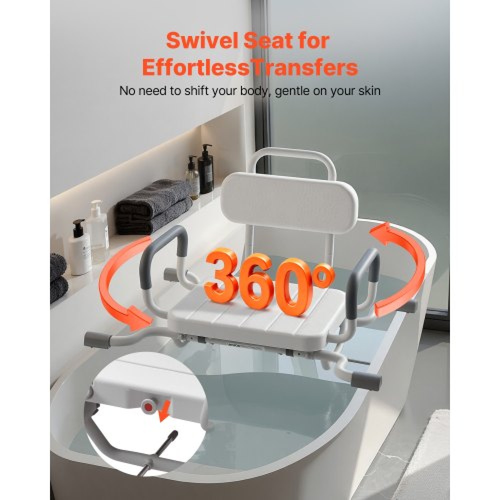 VEVOR Swivel Shower Chair with Arms and Back, 100 kg Heavy Duty Bench Seat for Inside Shower Stall and Bathtub Mounting, Bathroom Bath Tub Seat for Adults, Seniors, Handicap, Elderly and Disabled