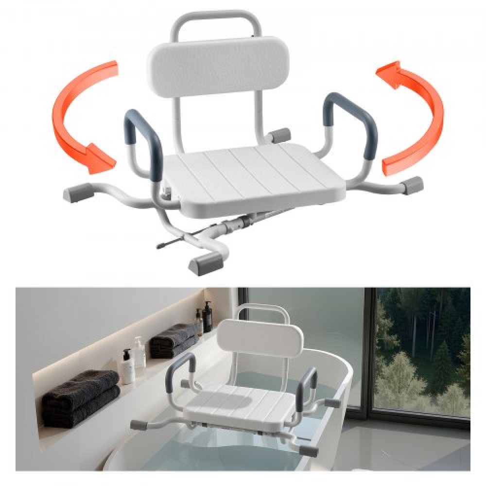 VEVOR Swivel Shower Chair with Arms and Back, 100 kg Heavy Duty Bench Seat for Inside Shower Stall and Bathtub Mounting, Bathroom Bath Tub Seat for Adults, Seniors, Handicap, Elderly and Disabled