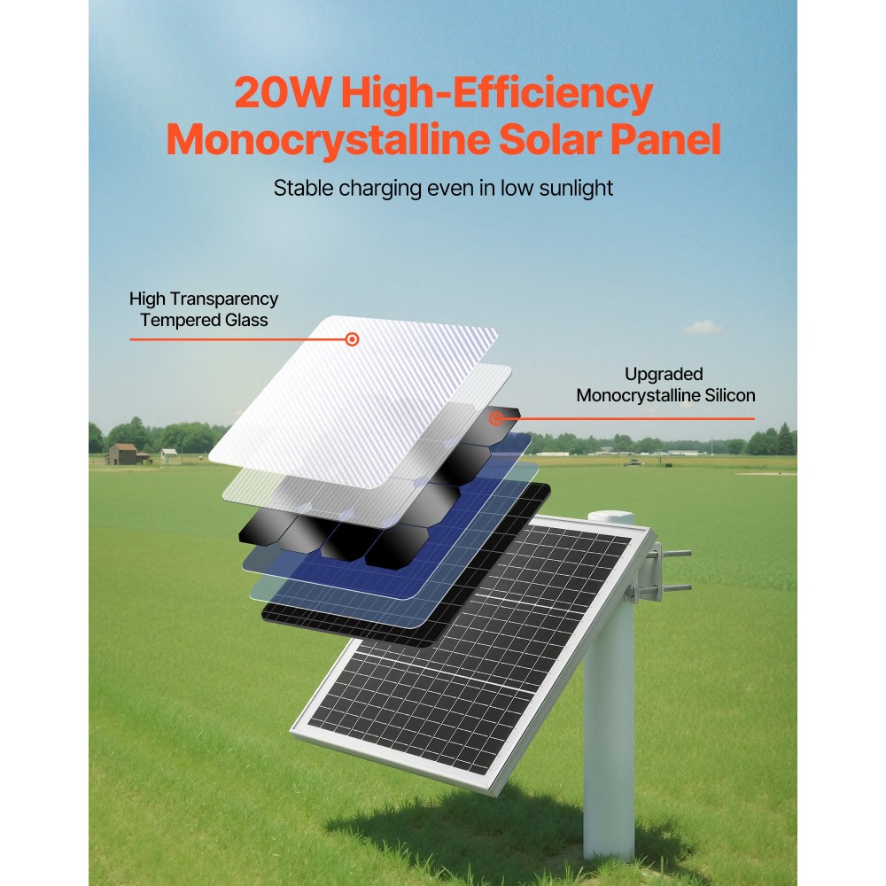 Φορτιστής μπαταρίας ηλιακού πάνελ VEVOR 20W 12V, Συντηρητής ηλιακού φορτιστή μπαταρίας με ενσωματωμένο ελεγκτή και ρυθμιζόμενος βραχίονας στήριξης 0-60°, IP67 για γκαζόν αγροκτήματος Gate Fence (Τροποποίηση πόλων 40 - 80 mm)