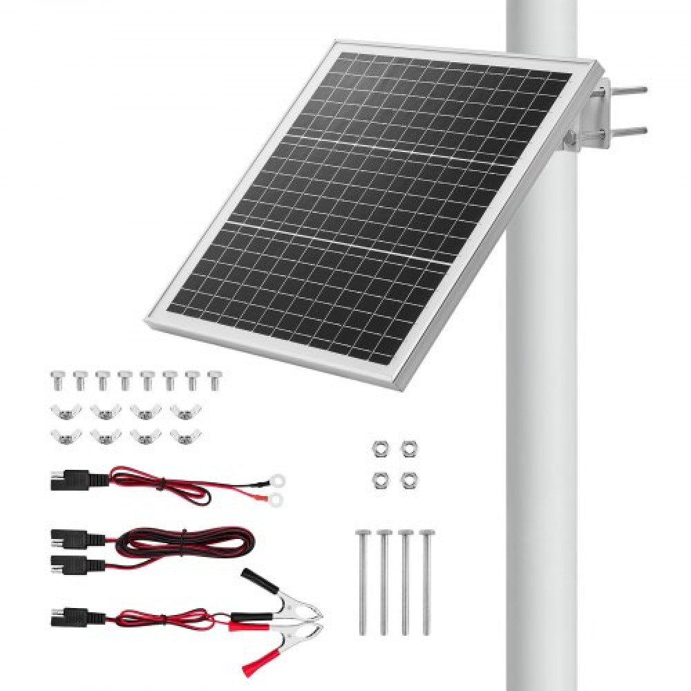 Φορτιστής μπαταρίας ηλιακού πάνελ VEVOR 20W 12V, Συντηρητής ηλιακού φορτιστή μπαταρίας με ενσωματωμένο ελεγκτή και ρυθμιζόμενος βραχίονας στήριξης 0-60°, IP67 για γκαζόν αγροκτήματος Gate Fence (Τροποποίηση πόλων 40 - 80 mm)