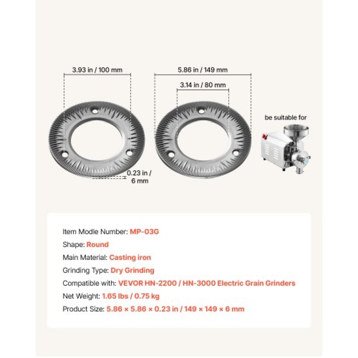 Φύλλα λείανσης VEVOR 2PCS για ηλεκτρικό μύλο σιτηρών, Δίσκοι ξηρής λείανσης από χυτοσίδηρο, ανταλλακτικές πλάκες λείανσης συμβατές με VEVOR HN-2200, Μύλος μύλου καλαμποκιού HN-3000