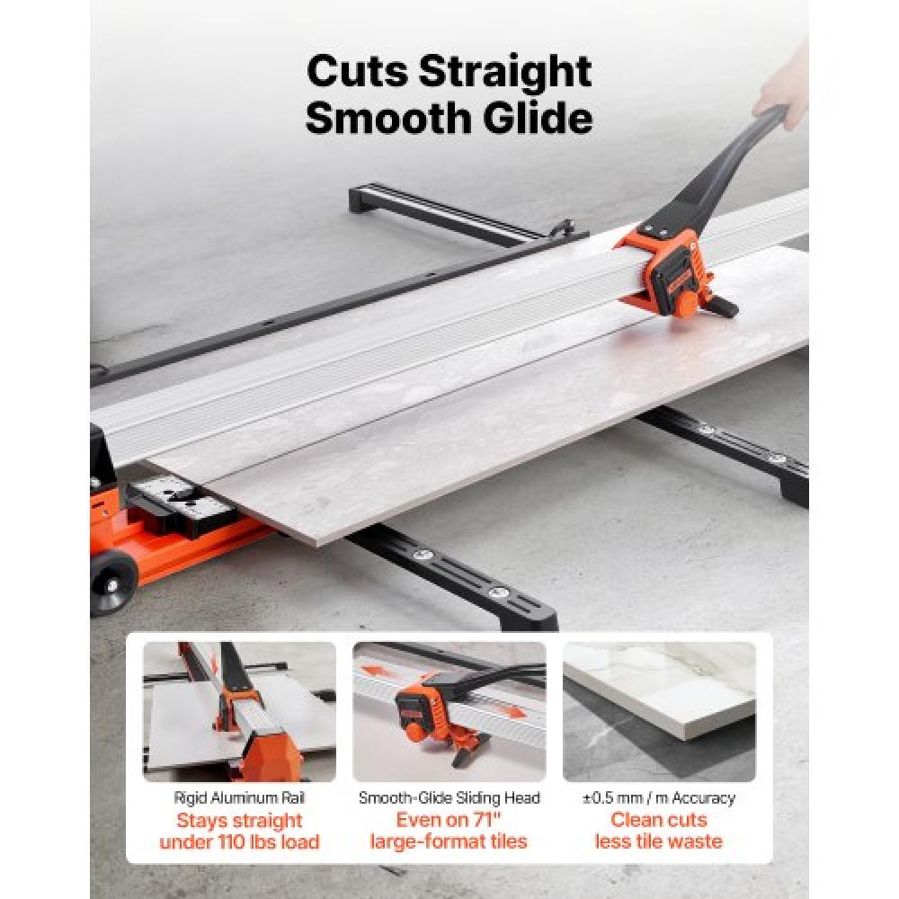 VEVOR 1800 mm Manual Tile Cutter, Upgraded Rail and Sliding Head, Precision Alignment Guide, Tungsten Carbide Cutting Wheel, Support Legs with Swivel Wheels, for DIY Pros, Ceramic, Floor & Wall Tiles