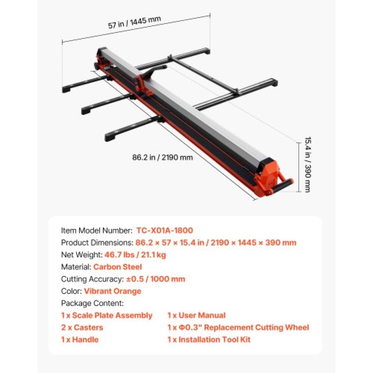 VEVOR 1800 mm Χειροκίνητος κόφτης πλακιδίων, αναβαθμισμένη ράγα και συρόμενη κεφαλή, Οδηγός ευθυγράμμισης ακριβείας, τροχός κοπής καρβιδίου βολφραμίου, πόδια στήριξης με περιστρεφόμενους τροχούς, για επαγγελματίες DIY, κεραμικά, πλακάκια δαπέδου και τοίχο
