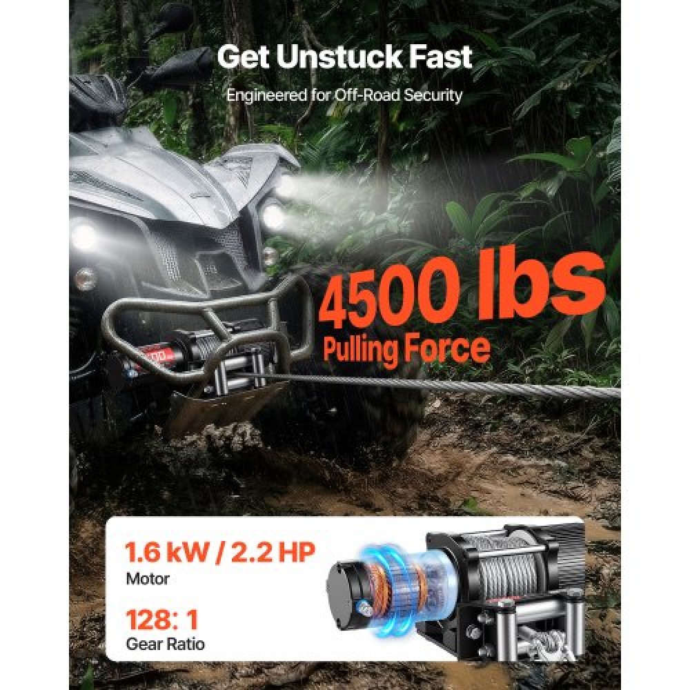VEVOR 2041 kg Ηλεκτρικό βαρούλκο, βαρούλκο 12V DC ATV/UTV με Φ6 mm x 12 m ατσάλινο συρματόσχοινο, ασύρματο & ενσύρματο τηλεχειριστήριο, IP54 αδιάβροχο, πλάκα στήριξης Roller Fairlead για ρυμούλκηση ATV UTV εκτός δρόμου