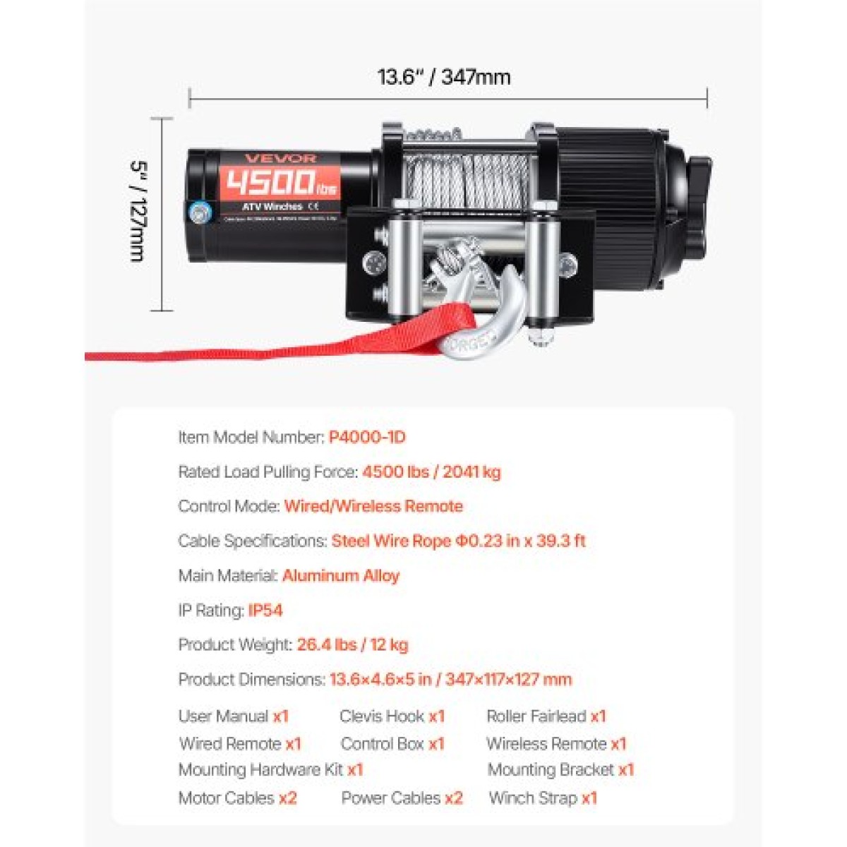 VEVOR 2041 kg Ηλεκτρικό βαρούλκο, βαρούλκο 12V DC ATV/UTV με Φ6 mm x 12 m ατσάλινο συρματόσχοινο, ασύρματο & ενσύρματο τηλεχειριστήριο, IP54 αδιάβροχο, πλάκα στήριξης Roller Fairlead για ρυμούλκηση ATV UTV εκτός δρόμου