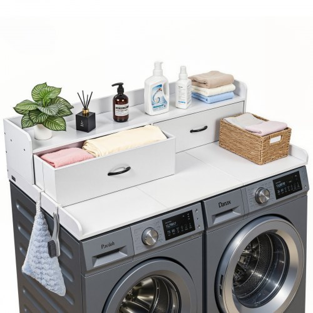 VEVOR Washer Dryer Countertop with Shelf, 137 x 69.9 cm Wooden Washer and Dryer Topper with 2 Drawers & Hooks, Laundry Machine Topper for Laundry Closet Pantry Counter Organization and Storage, White