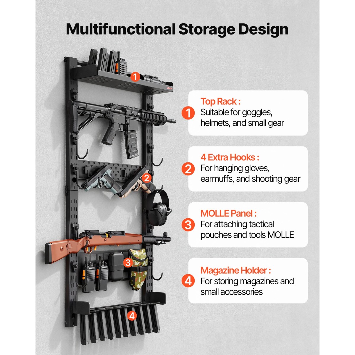 Βάση τοίχου VEVOR Gun Rack, Heavy Duty Steel, Indoor Rifle Shotgun Rack with Magazine Holt, Panel MOLLE, Gun Accessories Display Storage Storage, Hold μέχρι 5 τουφέκια ή κυνηγετικά όπλα, για τακτικό εξοπλισμό