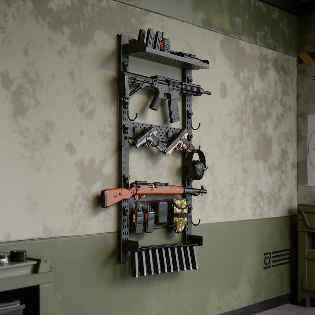 Βάση τοίχου VEVOR Gun Rack, Heavy Duty Steel, Indoor Rifle Shotgun Rack with Magazine Holt, Panel MOLLE, Gun Accessories Display Storage Storage, Hold μέχρι 5 τουφέκια ή κυνηγετικά όπλα, για τακτικό εξοπλισμό