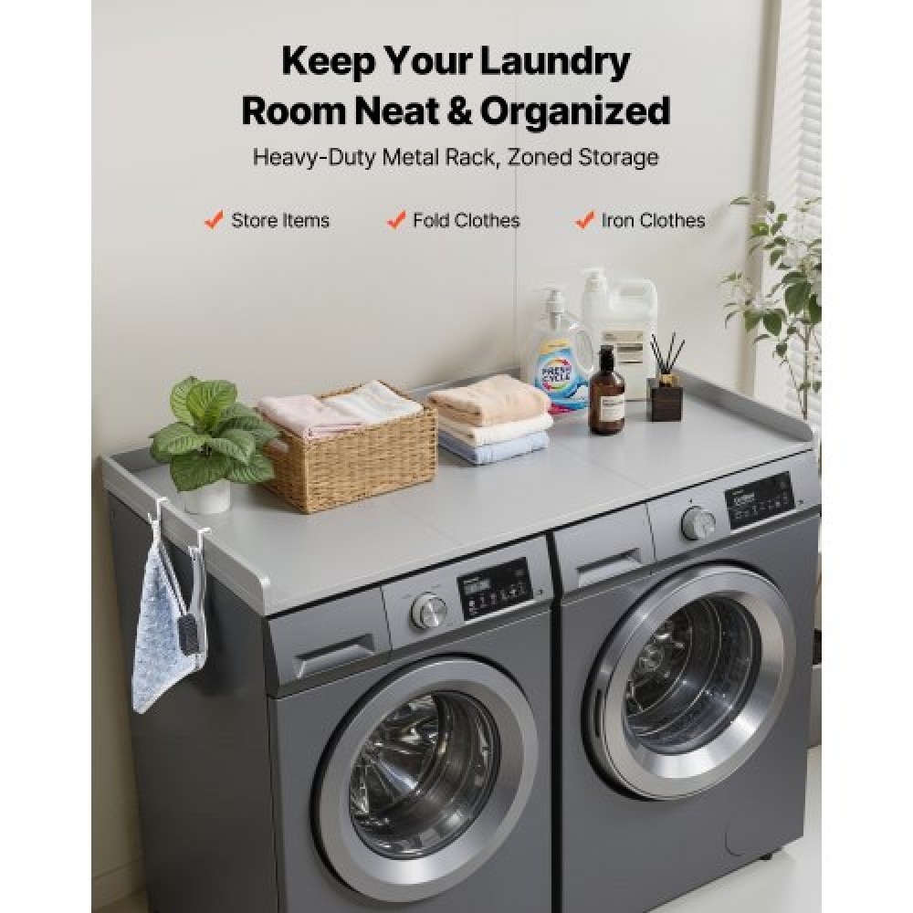 Πάγκος VEVOR Washer Dryer, 137 x 69,9 cm Ξύλινο κάλυμμα πλυντηρίου και στεγνωτηρίου με άκρο & 2 γάντζους, αδιάβροχο κάλυμμα πλυντηρίου για ντουλάπα ρούχων Οργάνωση και αποθήκευση πάγκου, γκρι