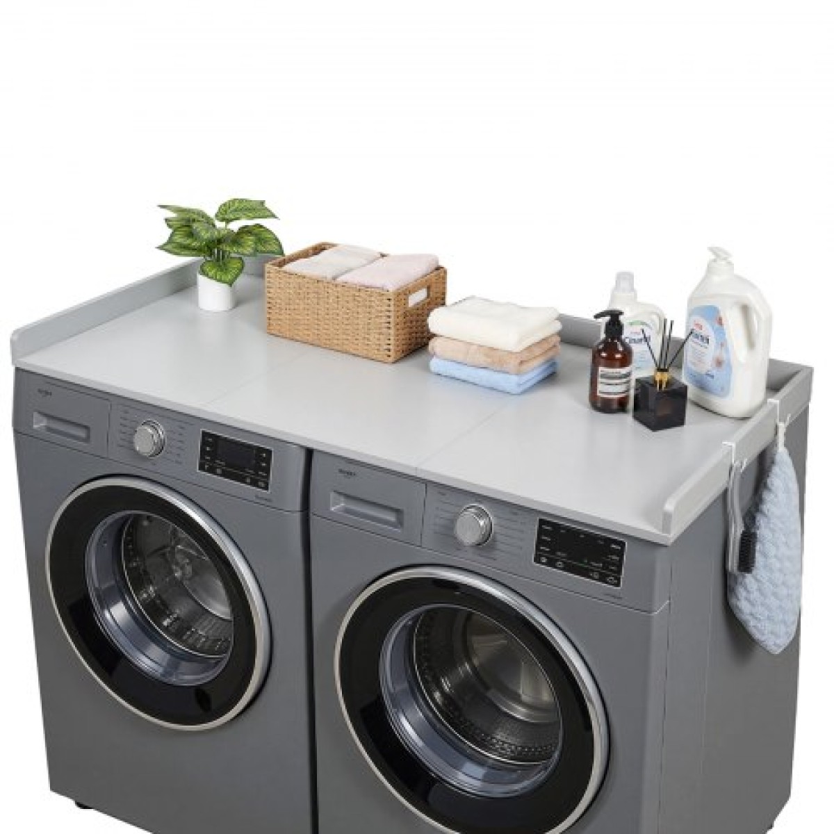 Πάγκος VEVOR Washer Dryer, 137 x 69,9 cm Ξύλινο κάλυμμα πλυντηρίου και στεγνωτηρίου με άκρο & 2 γάντζους, αδιάβροχο κάλυμμα πλυντηρίου για ντουλάπα ρούχων Οργάνωση και αποθήκευση πάγκου, γκρι