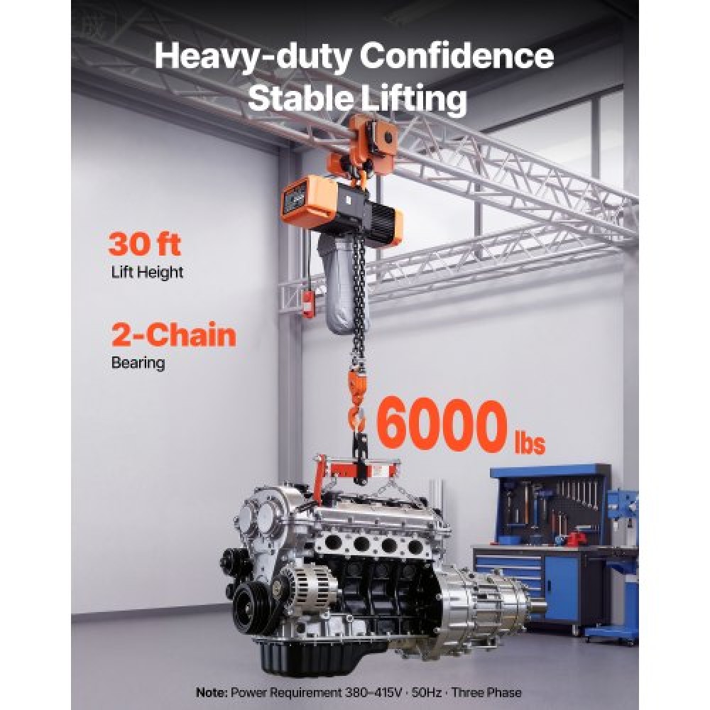 VEVOR 2721 kg Ηλεκτρικό Ανυψωτικό Αλυσίδας, Ύψος Ανύψωσης 9,1 m, Τριφασικός Γερανός με 100 m Wireless & 8,2 m Ενσύρματο Τηλεχειριστήριο, Διπλό Ανυψωτικό G100 Chain για εργοστάσια, αποθήκες, γκαράζ