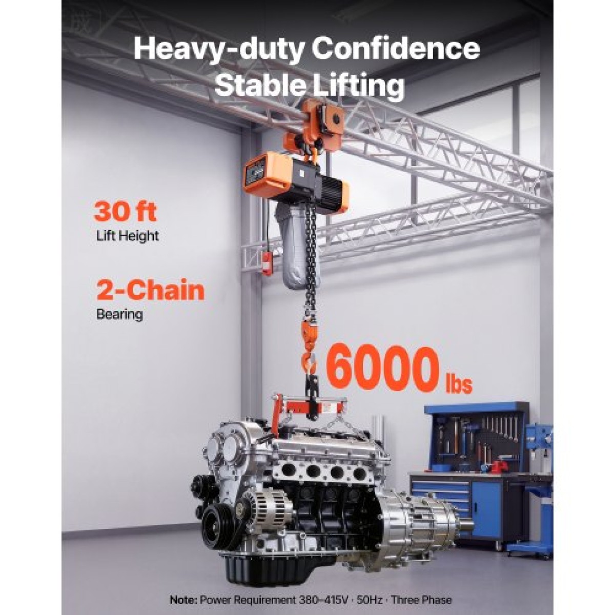 VEVOR 2721 kg Ηλεκτρικό Ανυψωτικό Αλυσίδας, Ύψος Ανύψωσης 9,1 m, Τριφασικός Γερανός με 100 m Wireless & 8,2 m Ενσύρματο Τηλεχειριστήριο, Διπλό Ανυψωτικό G100 Chain για εργοστάσια, αποθήκες, γκαράζ