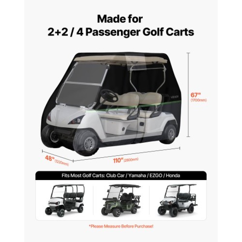 Κάλυμμα VEVOR Golf Cart, Full Coverage 2+2/4 Passenger Golf Cart, 600D αδιάβροχο Oxford Fabric Club Car Cover που ταιριάζει στα περισσότερα Carts Club Car, Yamaha, EZGO, Honda, PU Coating & Three Zipper Doors
